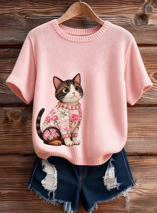 Haut à manches courtes en tricot confortable imprimé animal artistique pour femme