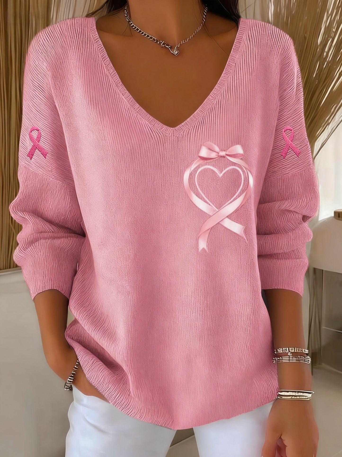 T-shirt à manches longues Casual Women's Breast Cancer Awareness Print