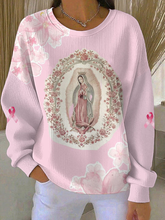 Virgin Mary femmes rose cancer du sein sensibilisation côtelé col rond Sweatshirt