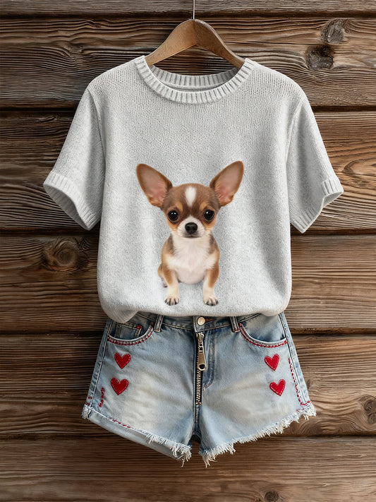 Top à manches courtes en tricot confortable imprimé animal artistique pour femmes
