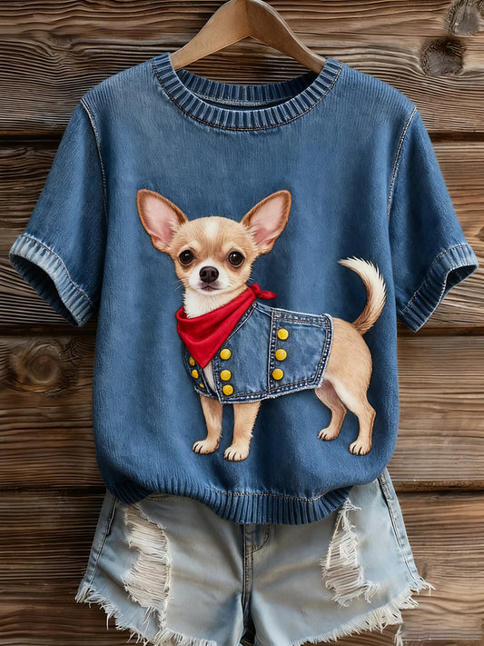 Top à manches courtes en tricot confortable imprimé animal artistique pour femmes