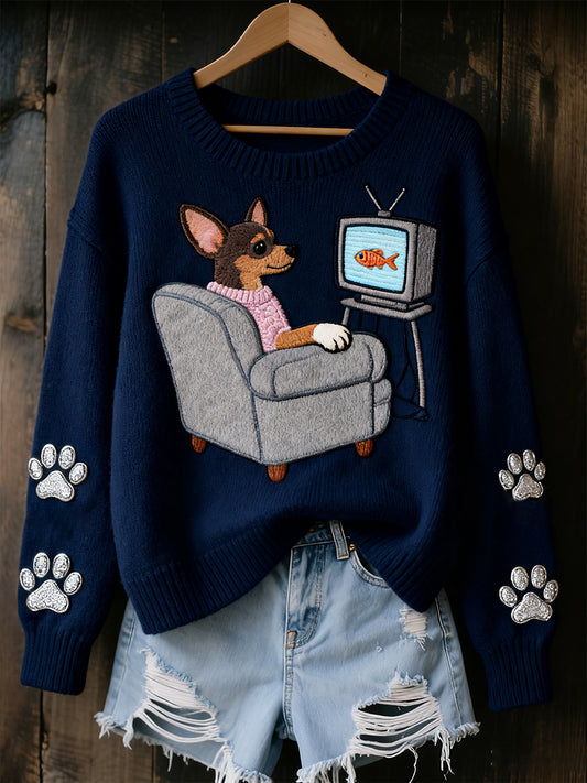 Pull en tricot confortable à imprimé animal vintage pour femme