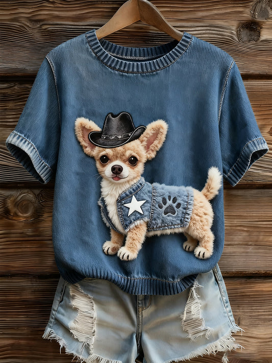 Top à manches courtes en tricot confortable imprimé animal artistique pour femmes