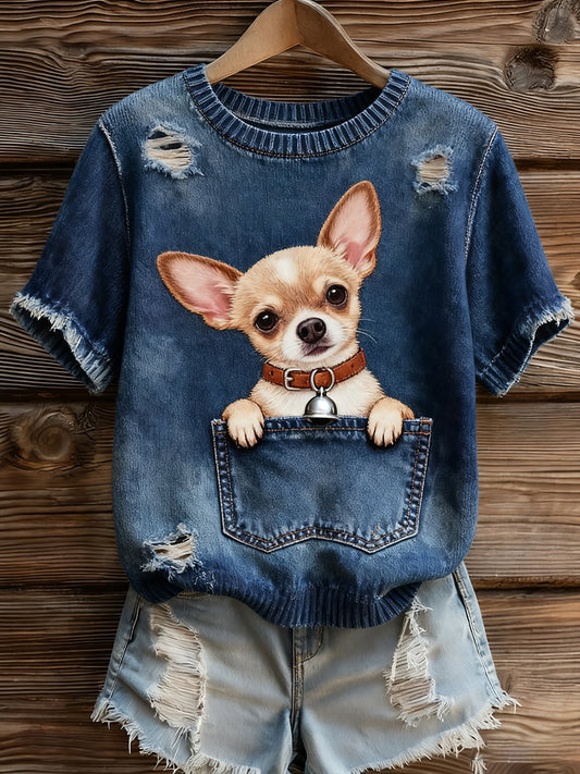 Top à manches courtes en tricot confortable imprimé animal artistique pour femmes