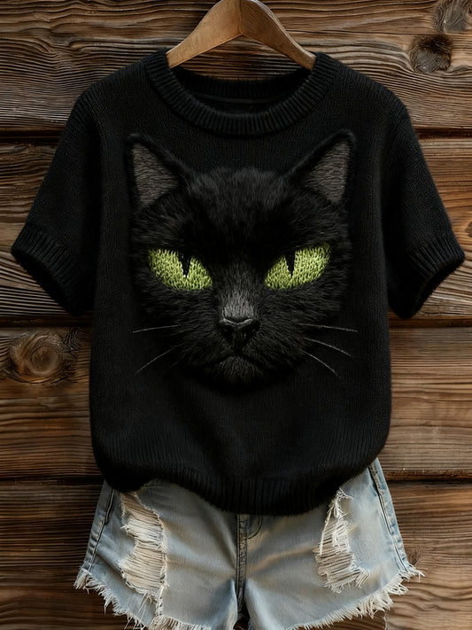 Top à manches courtes en tricot confortable imprimé animal artistique pour femmes