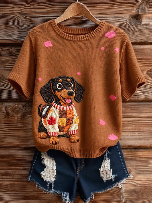 Top à manches courtes en tricot confortable imprimé animal artistique pour femmes