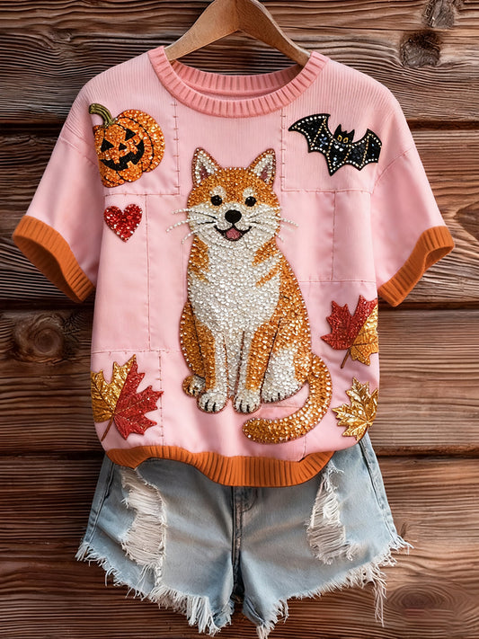 Top à manches courtes en tricot confortable imprimé animal artistique pour femmes