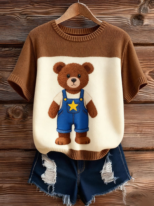 Top à manches courtes en tricot confortable imprimé animal artistique pour femmes