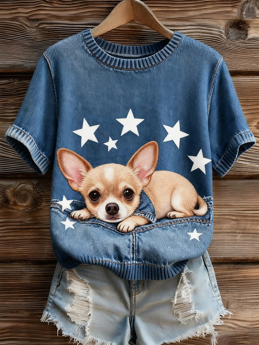 Top à manches courtes en tricot confortable imprimé animal artistique pour femmes