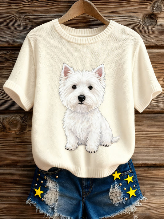 Top à manches courtes en tricot confortable imprimé animal artistique pour femmes