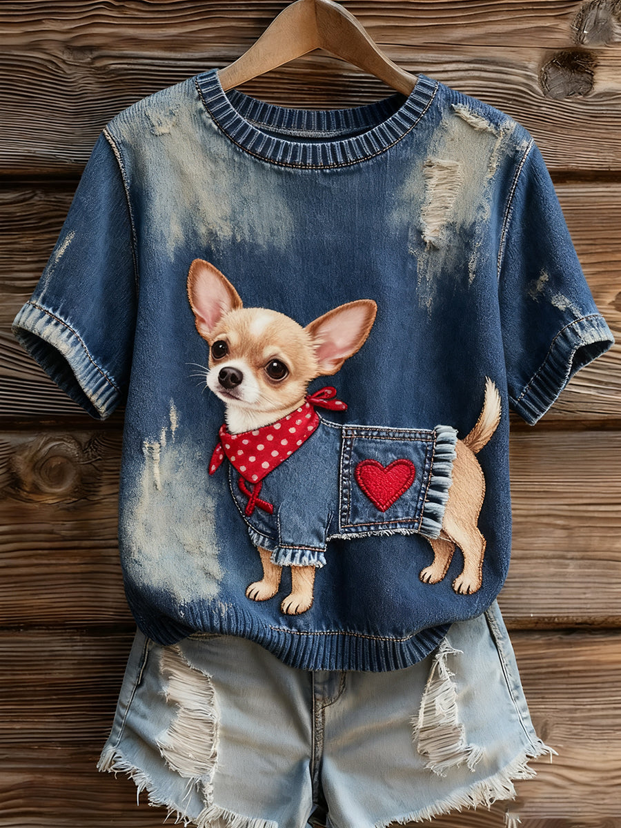 Top à manches courtes en tricot confortable imprimé animal artistique pour femmes