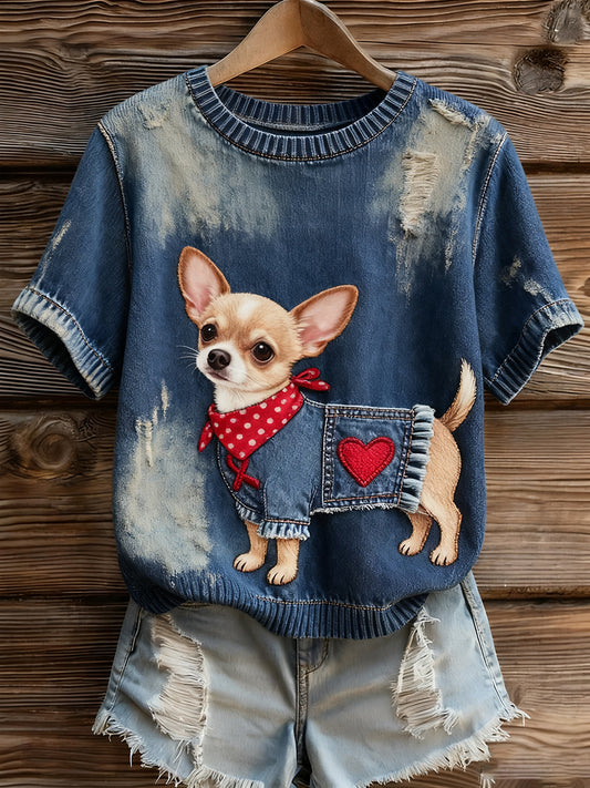 Top à manches courtes en tricot confortable imprimé animal artistique pour femmes