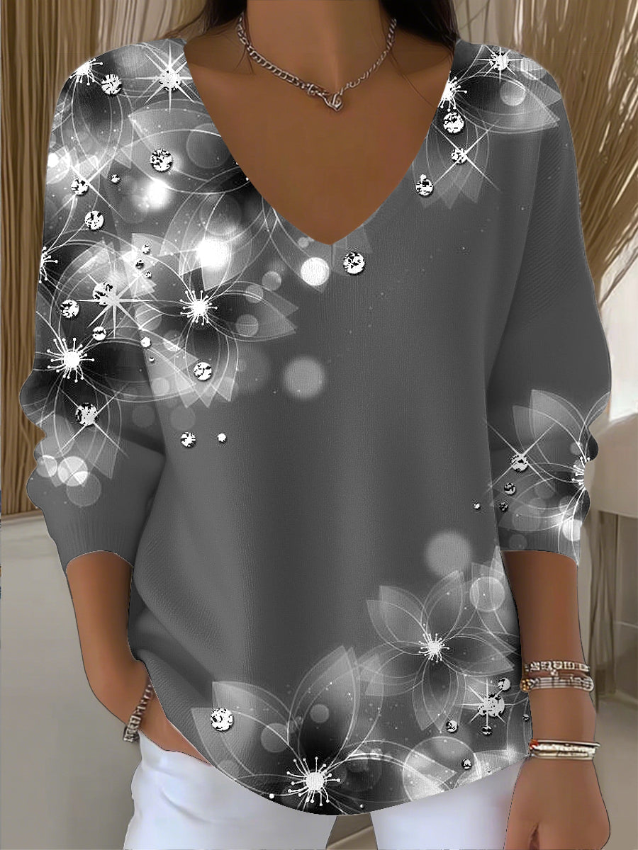 Vintage Abstract Gradient Floral Art V-Neck Top des femmes