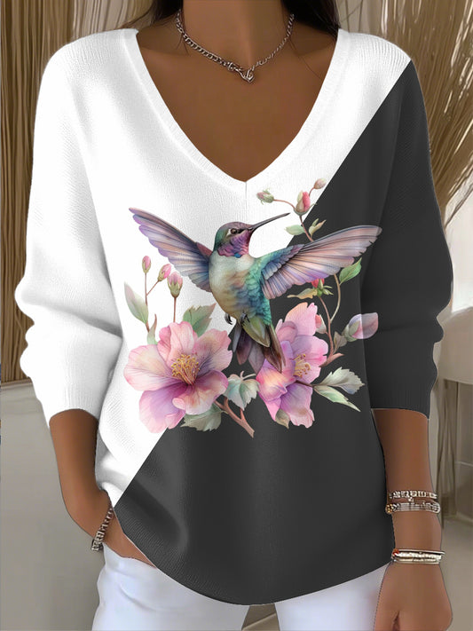 Femmes Vintage Colibri Floral Patchwork Art V-Neck Top