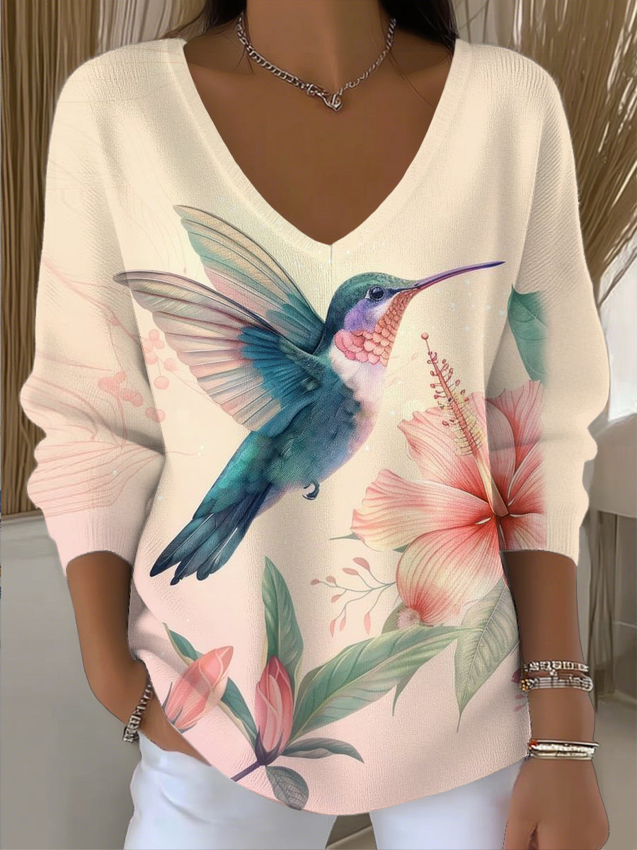 Vintage Colibri Floral Art V-Neck Top des femmes