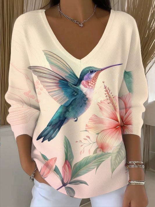 Vintage Colibri Floral Art V-Neck Top des femmes