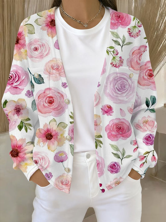 Cardigan Femme Rose Imprimé Floral Avec Poche