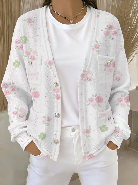 Cardigan Femme Rose Imprimé Floral Avec Poche