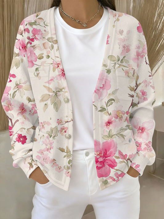 Cardigan Femme Rose Imprimé Floral Avec Poche