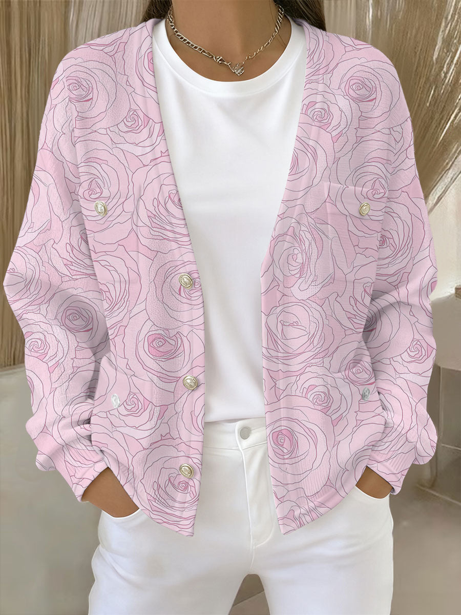 Cardigan Femme Rose Imprimé Floral Avec Poche