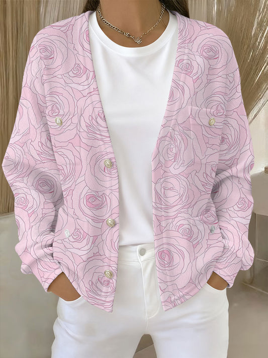 Cardigan Femme Rose Imprimé Floral Avec Poche