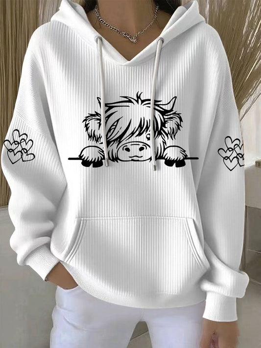 Sweat à capuche décontracté à imprimé vache Highland Femme