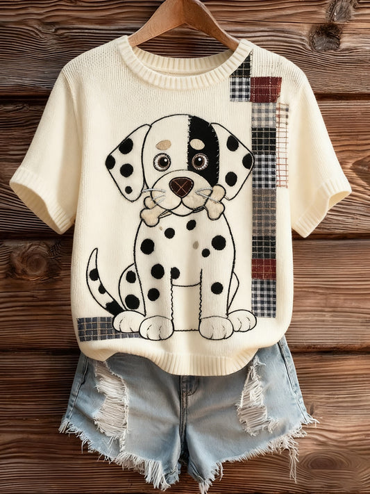 Top à manches courtes en tricot confortable imprimé animal artistique pour femmes