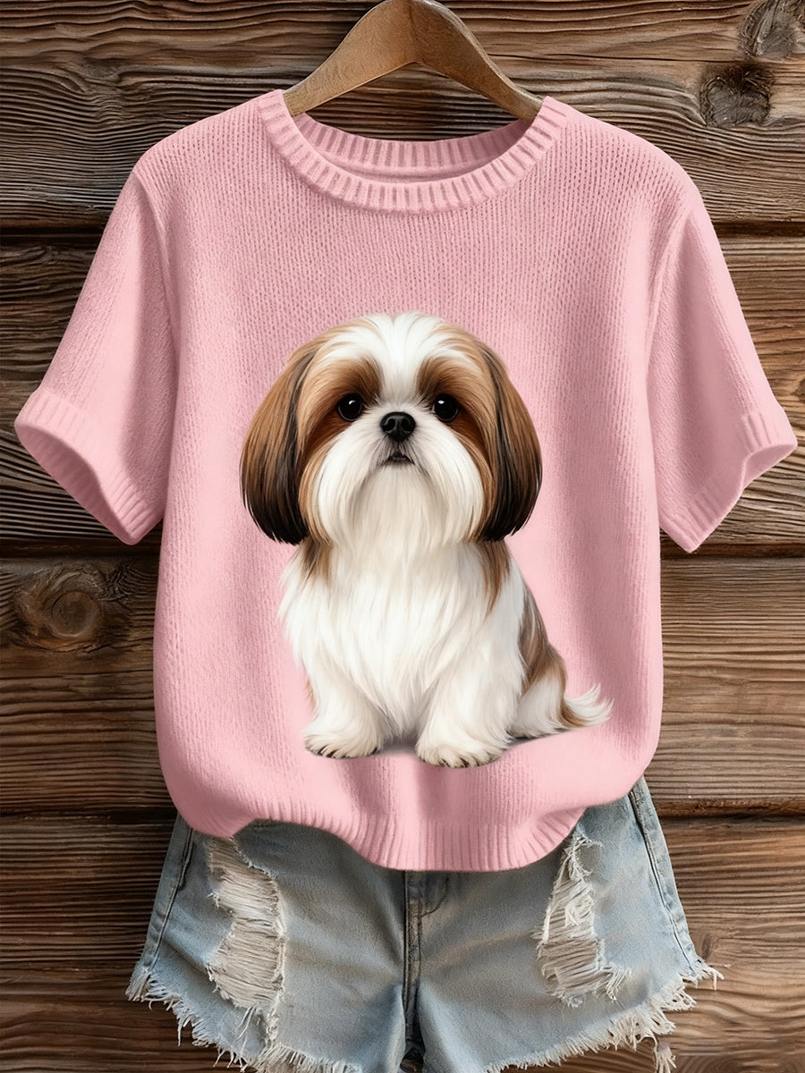 Top à manches courtes en tricot confortable imprimé animal artistique pour femmes