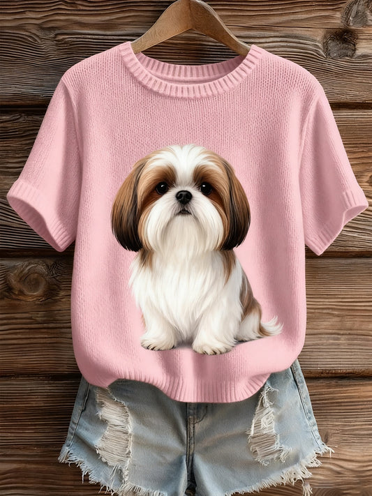 Top à manches courtes en tricot confortable imprimé animal artistique pour femmes