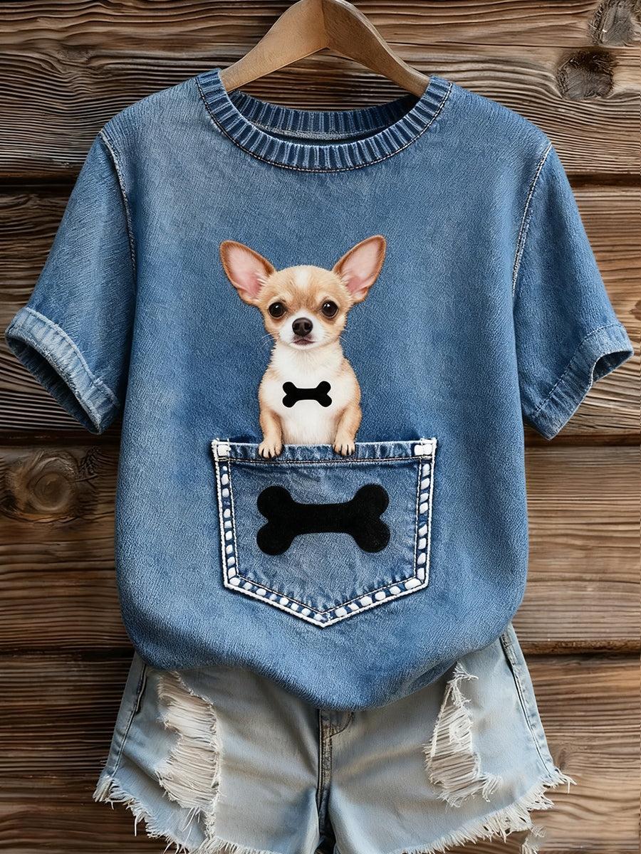 Top à manches courtes en tricot confortable imprimé animal artistique pour femmes