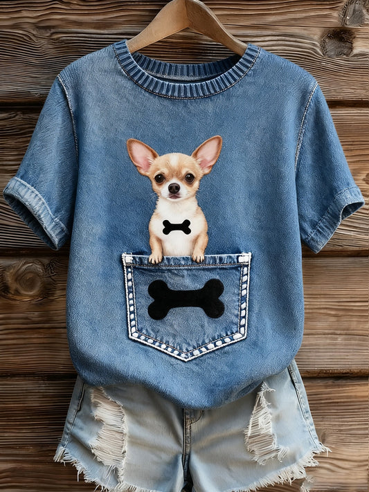 Top à manches courtes en tricot confortable imprimé animal artistique pour femmes