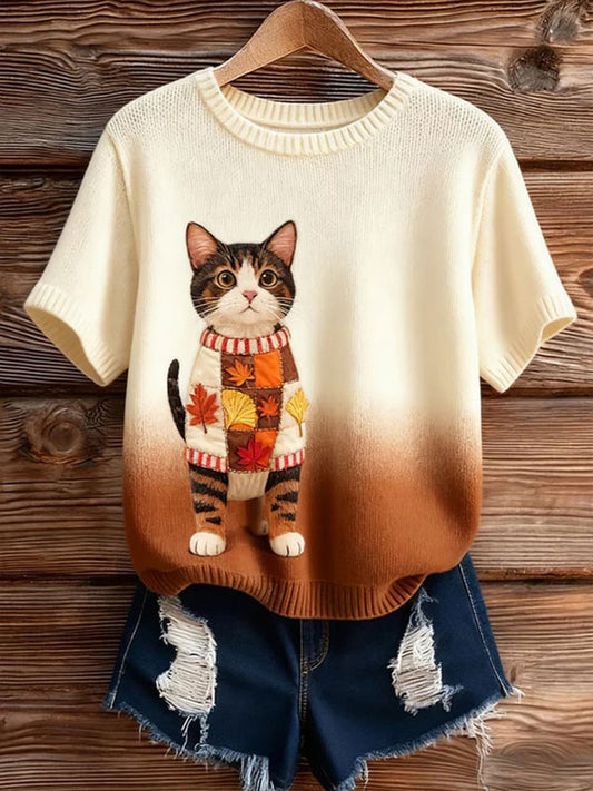 T-shirt à manches courtes de chat d'automne des femmes