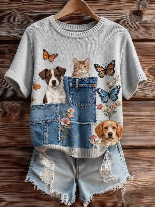 Top à manches courtes en tricot confortable imprimé animal artistique pour femmes