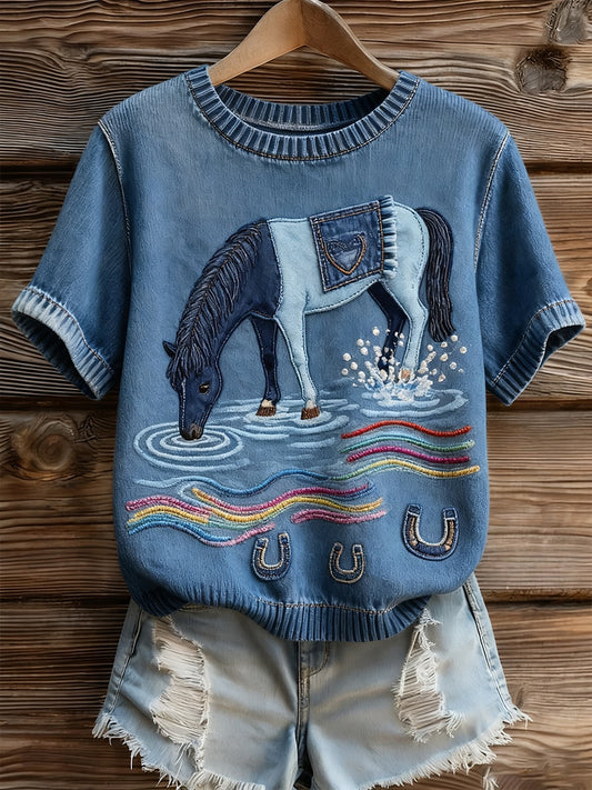 Top à manches courtes en tricot confortable imprimé animal artistique pour femmes