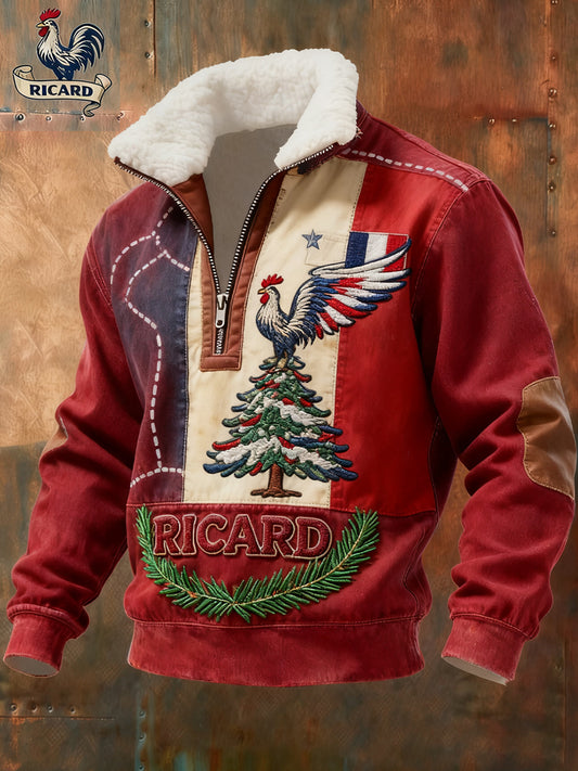 Sweat-shirt à col en fourrure zippé décontracté Ricard pour homme, drapeau français vintage