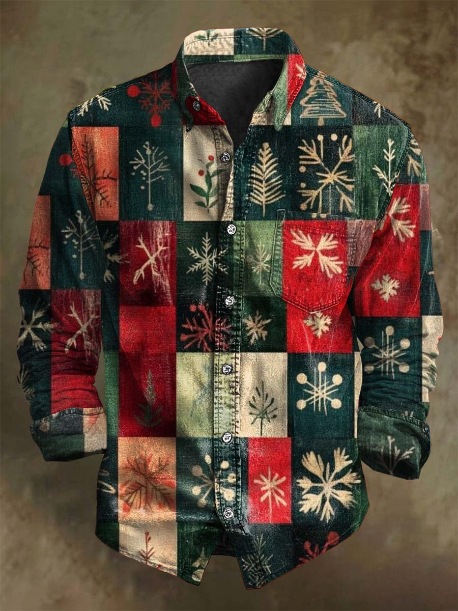 Chemise de Noël Décontractée Vintage à Carreaux Imprimé à Manches Longues