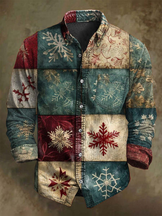 Chemise Décontractée à Manches Longues à Imprimé Flocon de Neige Sapin de Noël Rétro