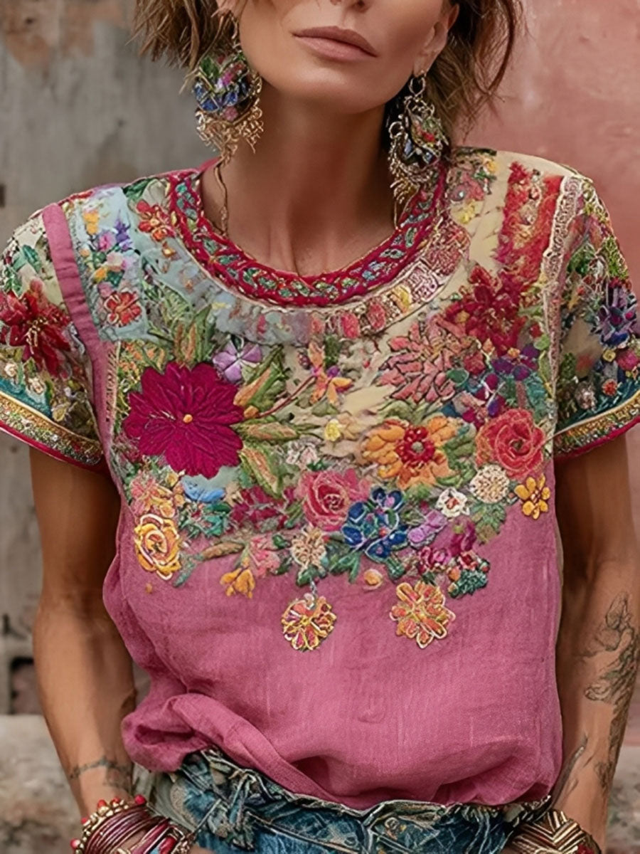 T-shirt Décontracté Femme Rose Imprimé Floral