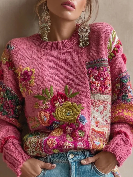 Femmes Vintage Rose Fleurs Colorblock Patchwork Sweatshirt