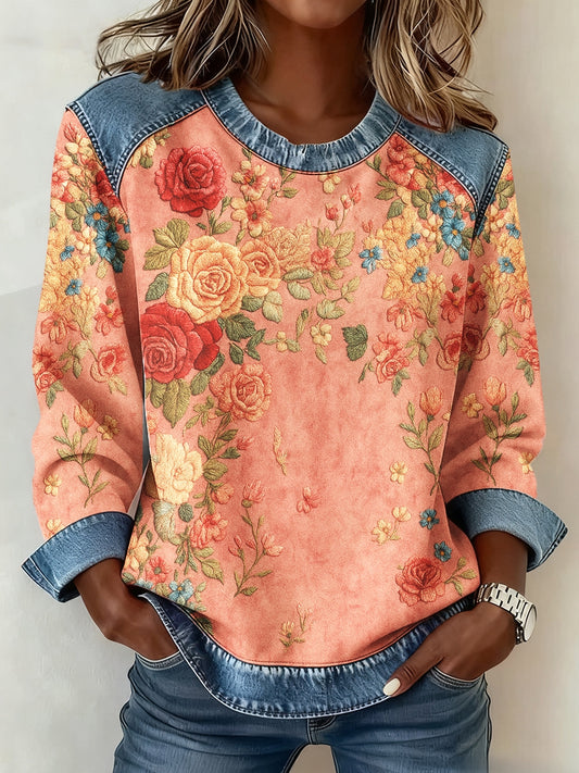 Women's Breast Cancer Awareness Floral 3D Imprimer Denim Sweatshirt