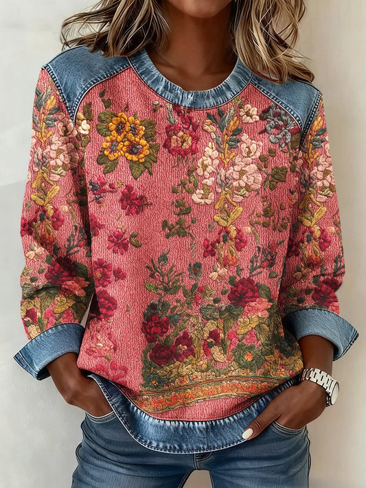 Women's Breast Cancer Awareness Floral 3D Imprimer Denim Sweatshirt