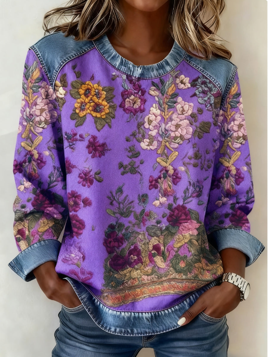 Women's Breast Cancer Awareness Floral 3D Imprimer Denim Sweatshirt