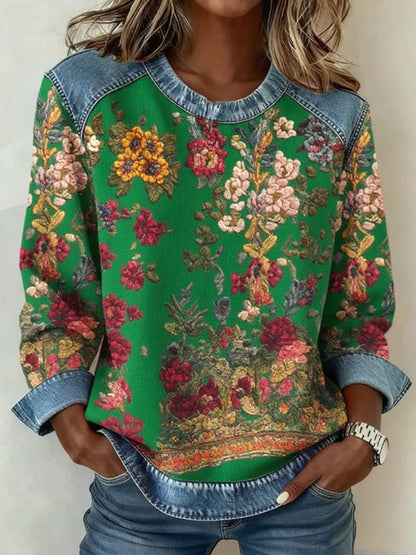 Women's Breast Cancer Awareness Floral 3D Imprimer Denim Sweatshirt