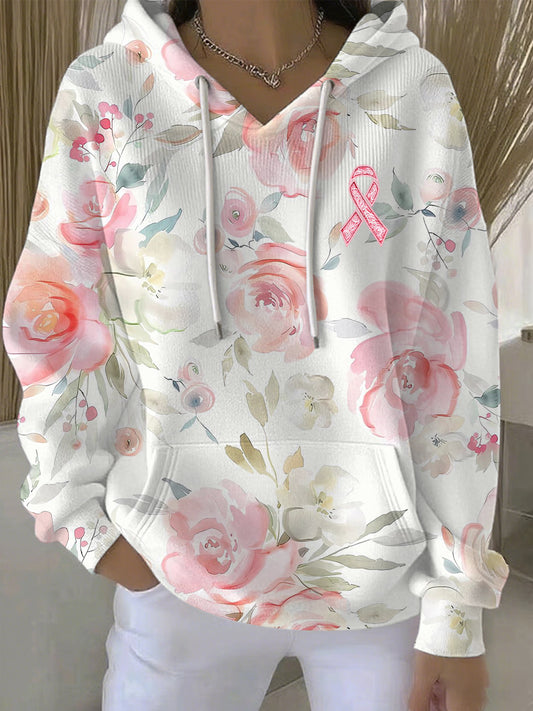 Sweat à Capuche Décontracté Femme Rose Imprimé Floral Cancer Du Sein