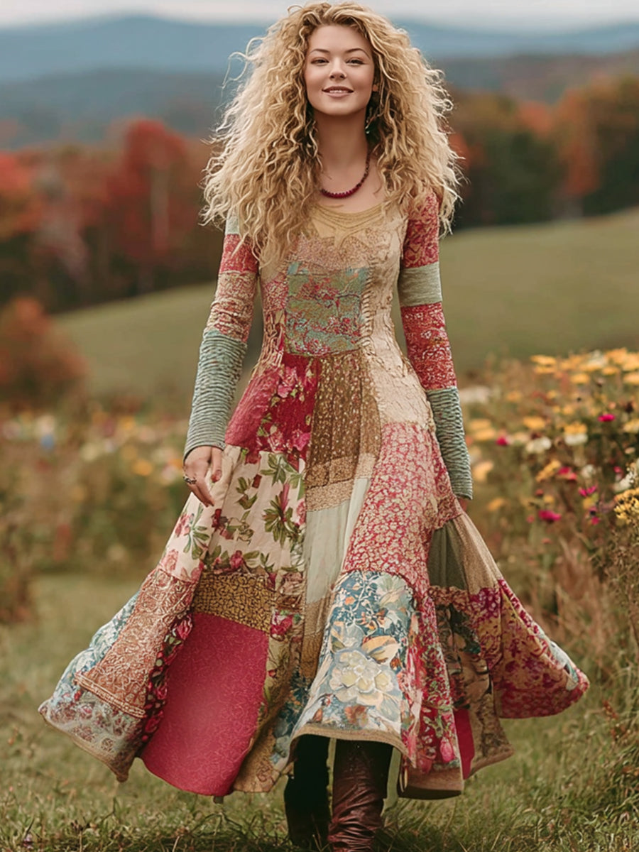 Vintage Motif Floral Patchwork Art Maxi Robe Femme