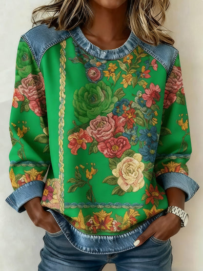 Women's Breast Cancer Awareness Floral 3D Imprimer Denim Sweatshirt