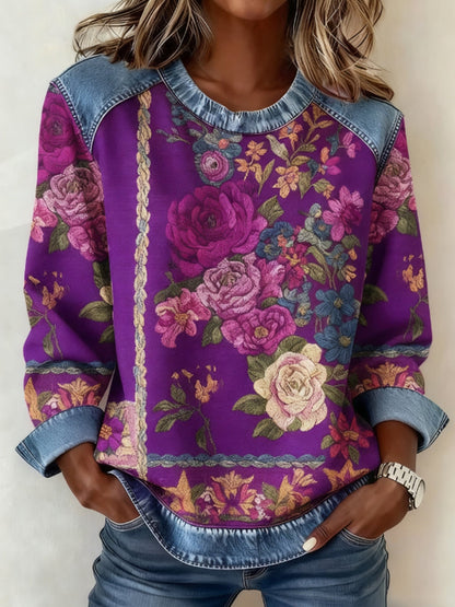 Women's Breast Cancer Awareness Floral 3D Imprimer Denim Sweatshirt