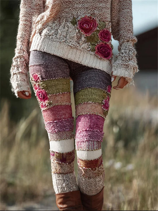 Femmes Vintage Rose Fleurs Colorblock Patchwork Cozy Leggings