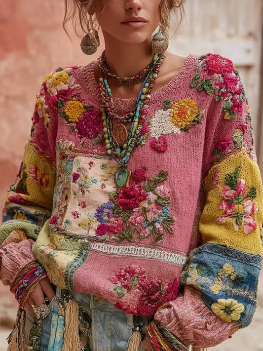 Femmes Vintage Rose Fleurs Colorblock Patchwork Sweatshirt