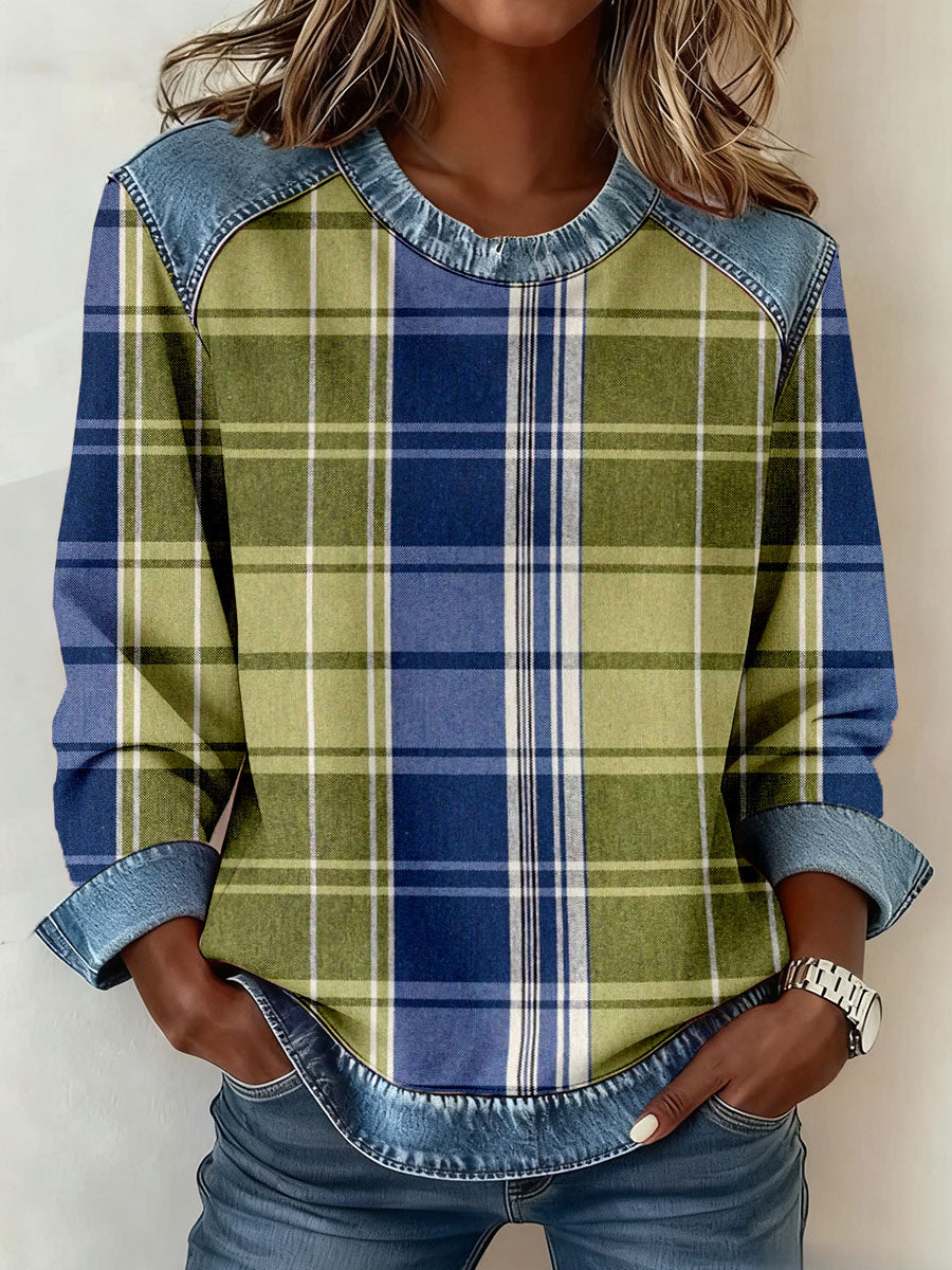 Vintage Plaid Patchwork Sweatshirt des femmes